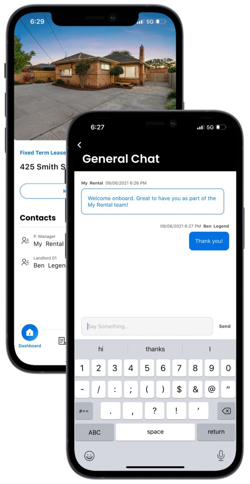 Smartphone with My-Rental App general chat screen - Rental Property Management